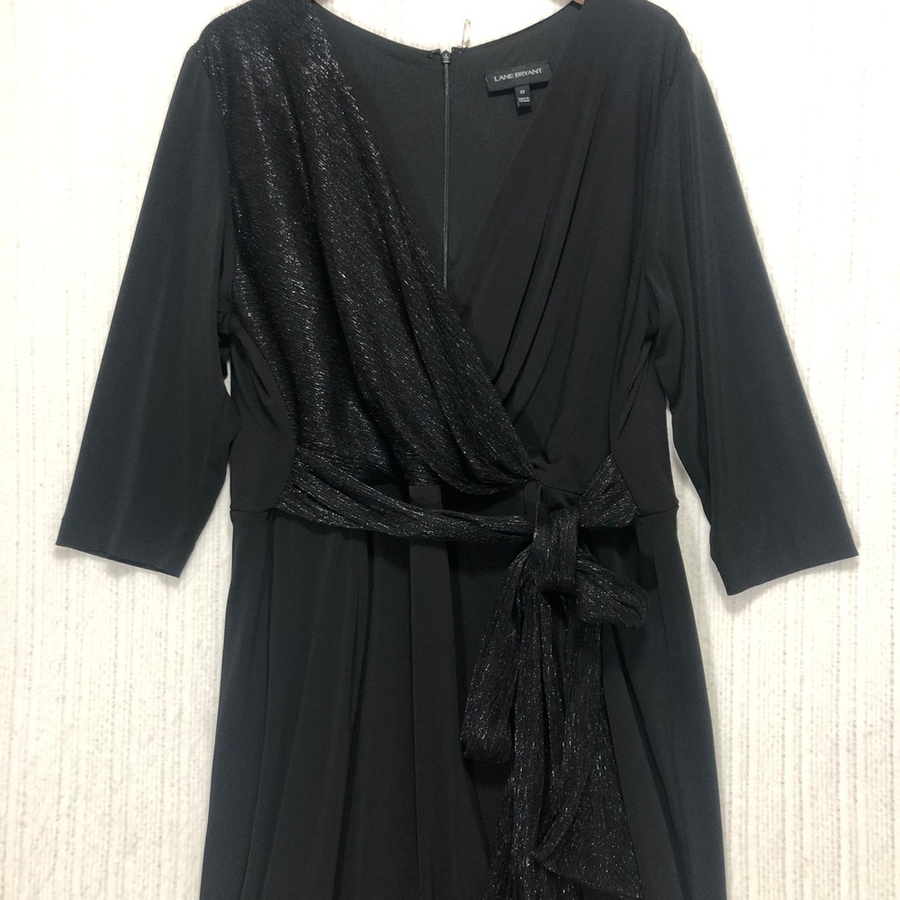 Lane Bryant Black Faux Wrap Dress Metallic Accent Tie Waist 3/4 Sleeve Plus